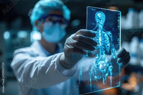 Medicine with futuristic technology. Doctors collaborate with computers, and holograms materialize intricate medical data, symbolizing harmonious future of advanced healthcare digital integration.