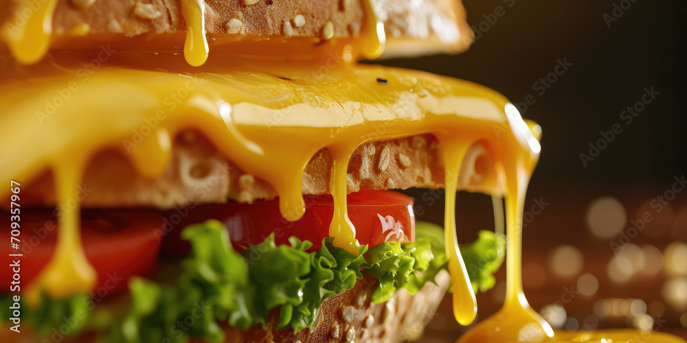 Melted Cheese Delight on Crispy Bread burger. Close-up of melted yellow liquid cheese on bread, copy space. - obrazy, fototapety, plakaty 