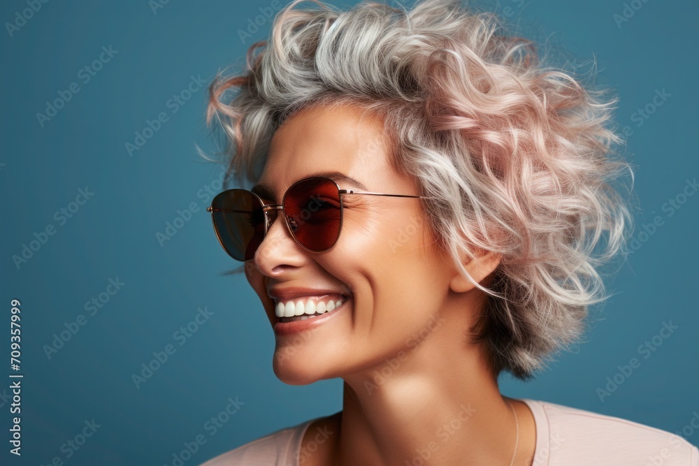 Energetic and exuberant expression of happiness by a stylish woman, attractive women of 70 years old with stylish short haircut in modern sunglasses, isolated on light blue background, paste space Energetic and exuberant expression of happiness by a stylish woman, attractive women of 70 years old with stylish short haircut in modern sunglasses, isolated on light blue background, paste space