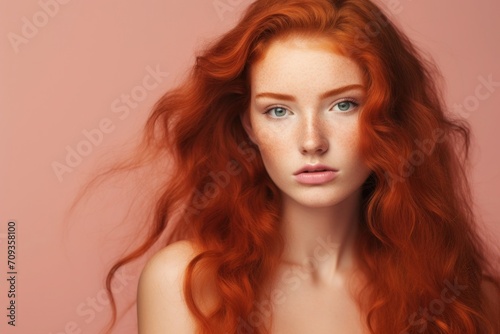 Stylish and alluring, a young woman with glamorous red hair. Young women with red long curly hair on the pink background