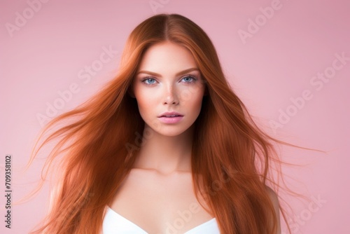 A fresh and expressive face framed by flowing, vibrant red hair. Young women with red long hair on the pink background