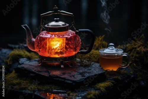 invigorating elegance: Kettle of tea, brewing, a cup of tranquil tea, capturing serenity and flavor in every sip, embracing the art of relaxation and timeless rituals