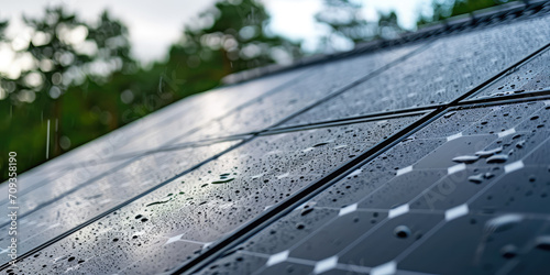 Sunset Gleam on Wet Solar Panels. Closeup Solar panels with raindrops outside the country house, roof.