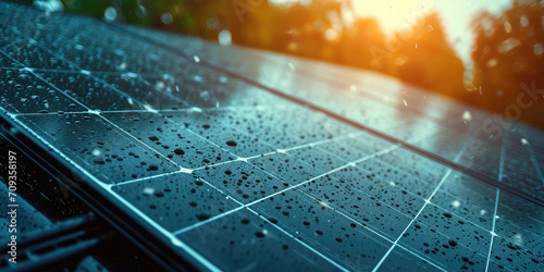 Sunset Gleam on Wet Solar Panels. Closeup Solar panels with raindrops outside the house, roof, water drops. photo