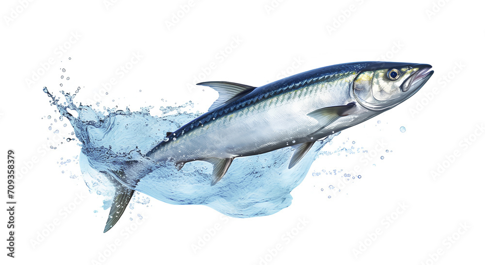 Obraz premium Fresh mackerel with a splash of water, isolated on a white background.