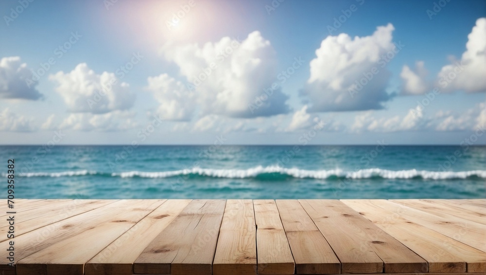 Fototapeta premium Blurred Sea View on Empty Wooden Table Background, Wooden Table