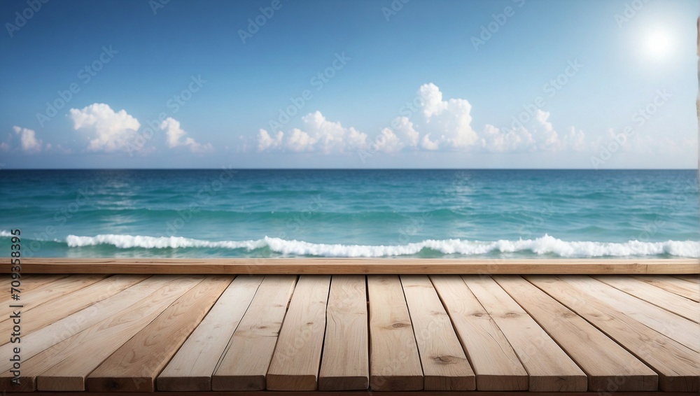 Blurred Sea View on Empty Wooden Table Background, Wooden Table
