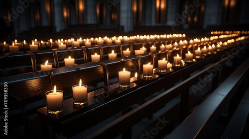 a huge number of lit candles arranged in neat rows. Repeating pattern created by rows of candles