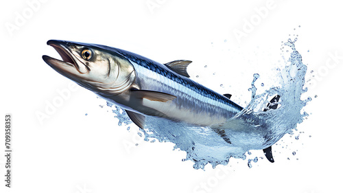  Fresh mackerel with a splash of water, isolated on a white background.