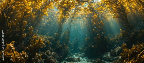 Brown kelp Ecklonia radiata in shallow water forest.