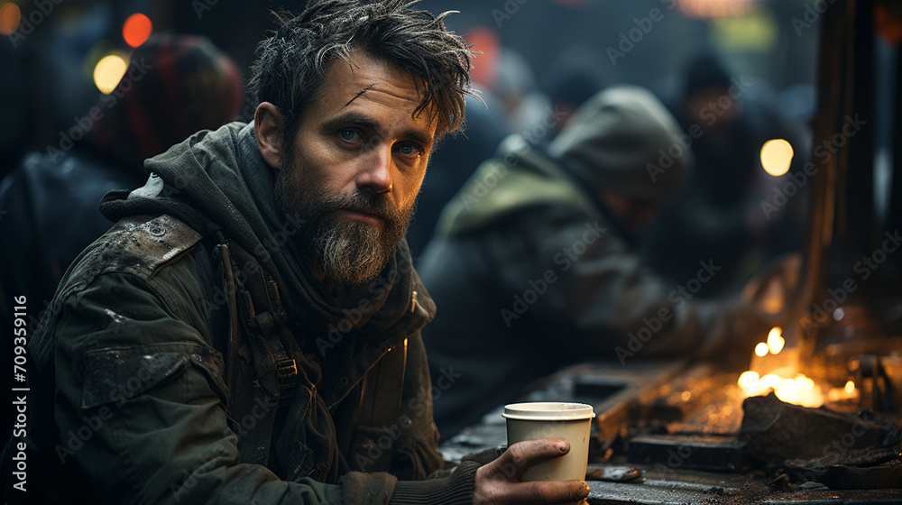 A photo of a poor, homeless man in a pub