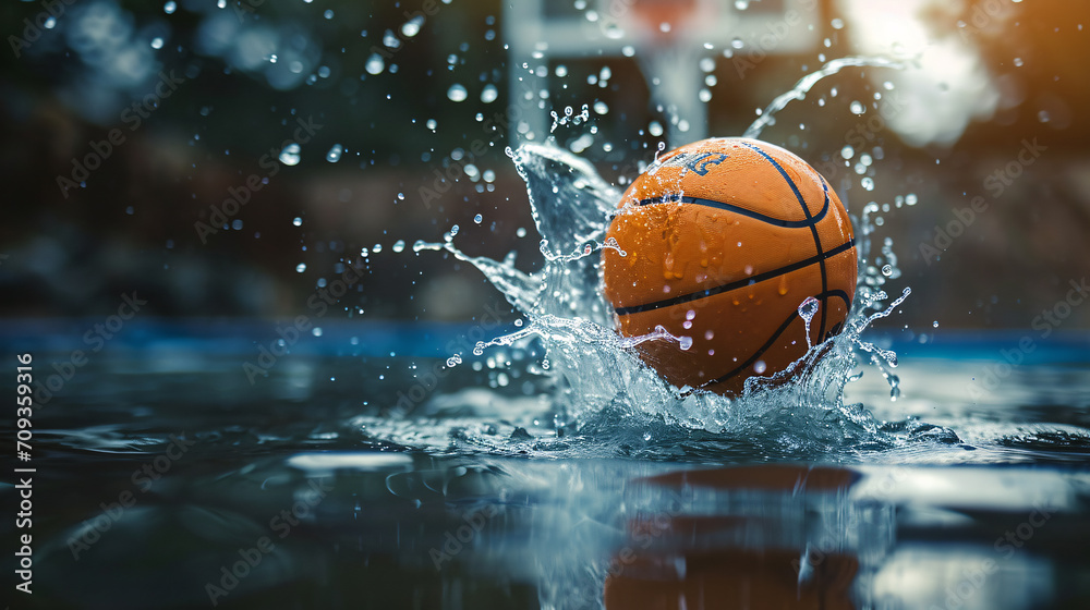 Basketball ball in water splashes on blurred background. Sport concept