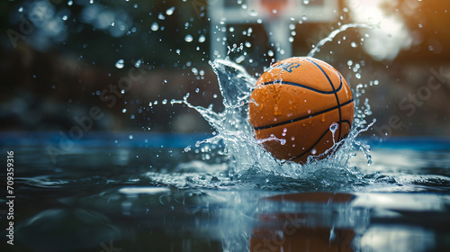 Basketball ball in water splashes on blurred background. Sport concept photo