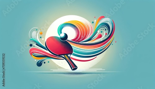 Abstract table tennis paddle and ball with dynamic lines and color splashes on a gradient background.
