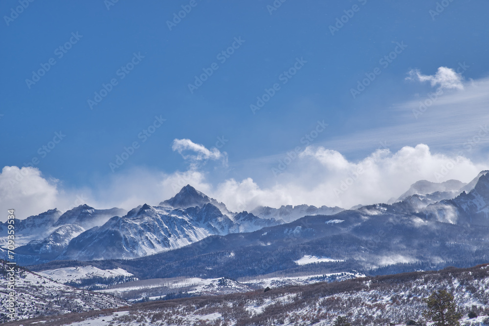 Colorado, Mt. Snuffles, Dallas Divide, blowing snow covered mountains 