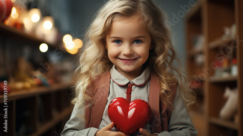 beautiful little girl holding a red heart