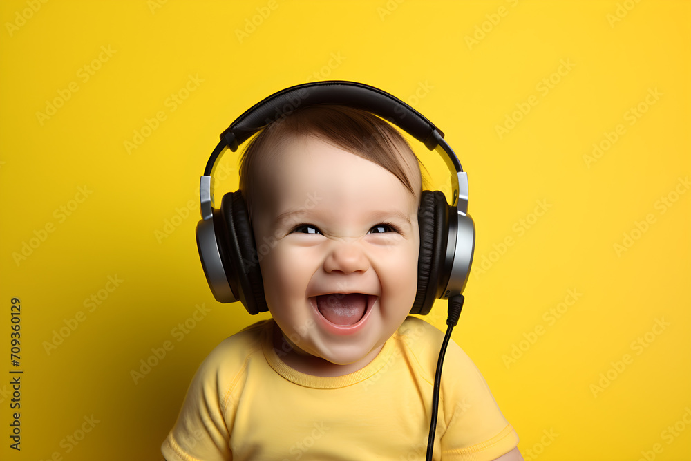 studio portrait of happy baby wearing headphones isolated on yellow background studio portrait of happy baby wearing headphones isolated on yellow background