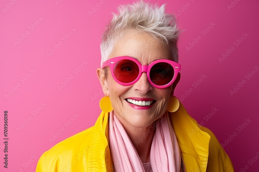 Smiling senior woman in pink sunglasses and yellow jacket on pink background