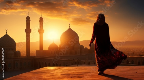 Silhouette of a Persian woman in national dress against the background of traditional Iranian architecture. The sun has set. Iran. Kashan, copy space - generative ai photo