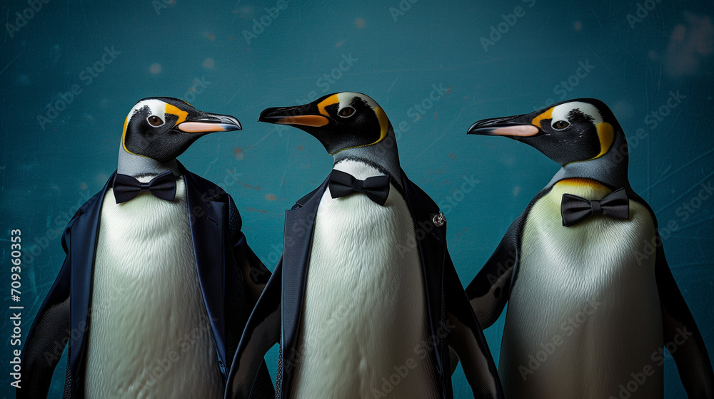Fototapeta premium Three Penguins in Tuxedos at a Formal Gathering