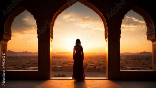 Silhouette of a Persian woman in national dress against the background of traditional Iranian architecture. The sun has set. Iran. Kashan, copy space - generative ai © Nia™