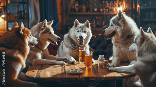 Siberian husky dogs animal party with drink chitchat in the bar. Created using generative AI. photo