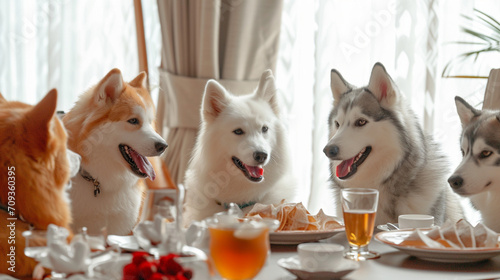 Restaurant background Siberian husky and Samoyed dogs chitchat during lunch. Created using generative AI.