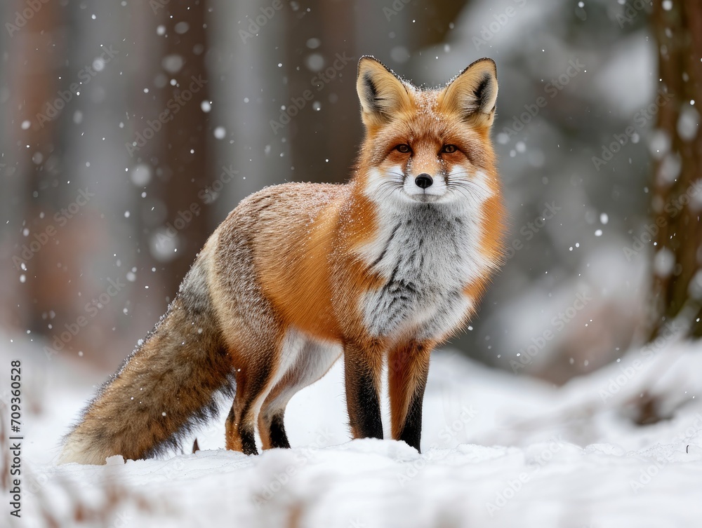A playful red fox in a snowy landscape, its bright fur contrasting with the white snow.