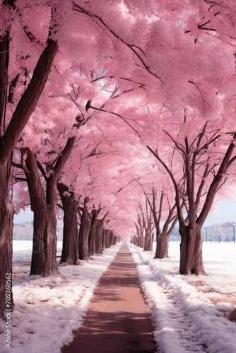 Photography of a forest path. The image has a surreal quality with the foliage of the trees appearing in vibrant pink and white hues, against a deep crimson sky. © Zaria