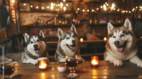 Late night time Siberian husky dogs in the bar background. Created using generative AI. photo