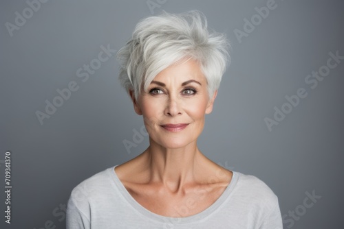 Portrait of a beautiful mature woman with short white hair. Gray background.