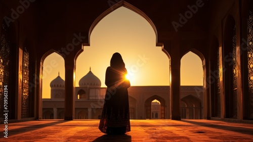 Silhouette of a Persian woman in national dress against the background of traditional Iranian architecture. The sun has set. Iran. Kashan, copy space - generative ai
