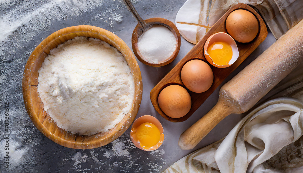 Eggs, flour and sugar at a wooden bowl, rolling pin. Top view Eggs, flour and sugar at a wooden bowl, rolling pin. Top view