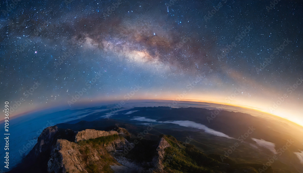 Sunrise and milky way over the planet.	
