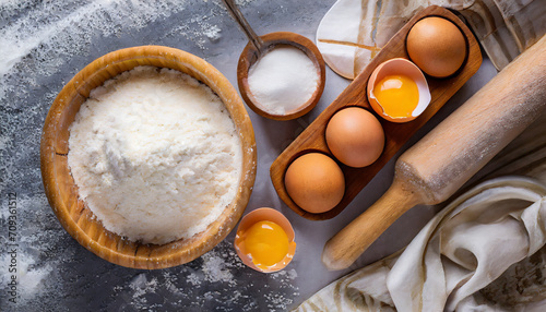 Eggs, flour and sugar at a wooden bowl, rolling pin. Top view 