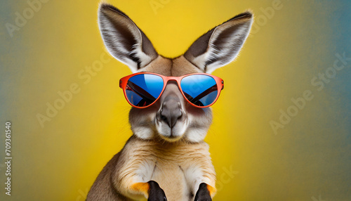 Kangaroo in sunglasses on the yellow background. © Karo