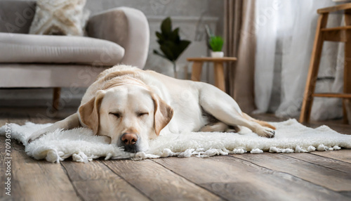  Labrador sleeping on white plaid on the floor of living room.