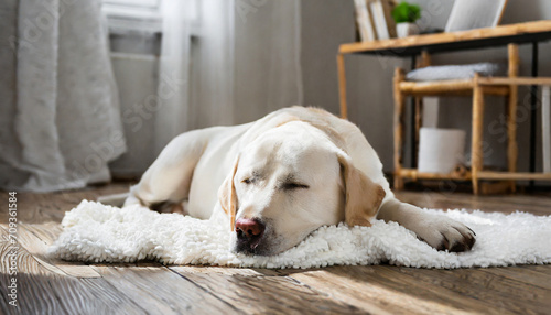 Labrador sleeping on white plaid on the floor of living room. 