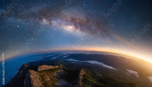 Sunrise and milky way over the planet. 