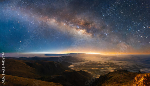 Sunrise and milky way over the planet.