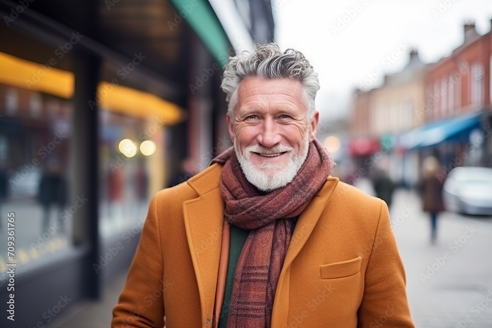 Portrait of a happy senior man in a coat and scarf on the street