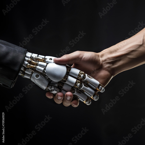 Handshake between a human and a robot on a black background. Cyber communication and ai artificial intelligence. Humanoid robot shakes the hand of a young strong male