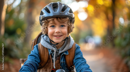 Young boy riding a bicycle to school with a backpack. Wearing safety helmet.
