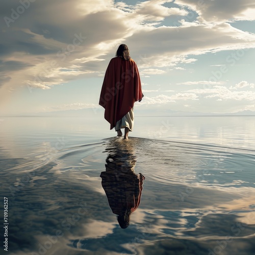 In this iconic image, Jesus Christ defies the natural order, gracefully walking on the water's surface, radiating divinity and showcasing a profound manifestation of spiritual power and faith. photo