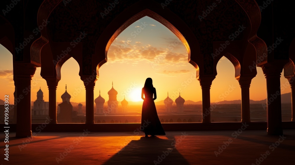 Silhouette of a Persian woman in national dress against the background of traditional Iranian architecture. The sun has set. Iran. Kashan, copy space - generative ai - obrazy, fototapety, plakaty 