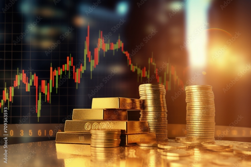 Stacked gold bars, golden coins, stock exchange ambiance, and dynamic stock charts a visual narrative of wealth, finance, and market trends Stacked gold bars, golden coins, stock exchange ambiance, and dynamic stock charts a visual narrative of wealth, finance, and market trends