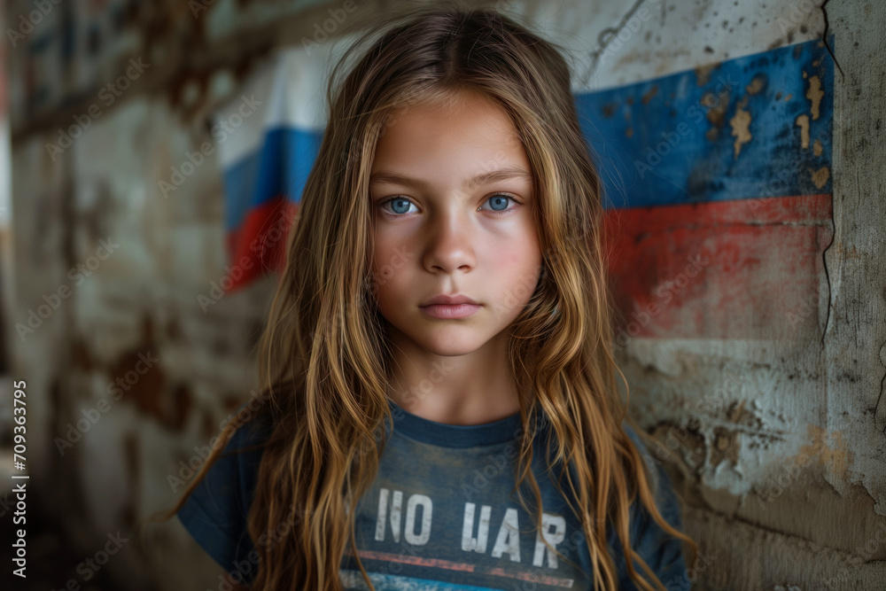 A beautiful little girl stands by the wall and protests against the Russian-Ukrainian war.