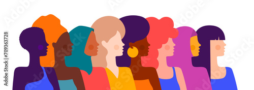 Different ethnicity multi-ethnic, multinational parade beauty women. Simple character women different nationalities, races, Arab, Asian, European, African. Chinese, Latin women. Vector Illustration