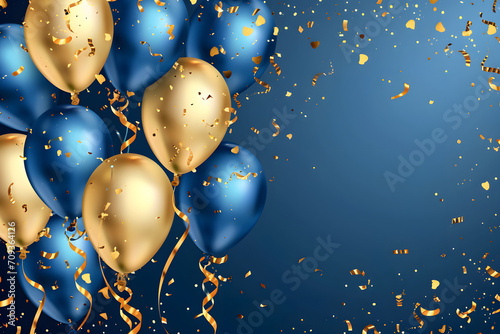 Obraz na płótnie Festliche Farbexplosion: Luftballons und Konfetti in Blau und Gold schaffen einen zauberhaften Hintergrund für eine fröhliche und festliche Atmosphäre w salonie