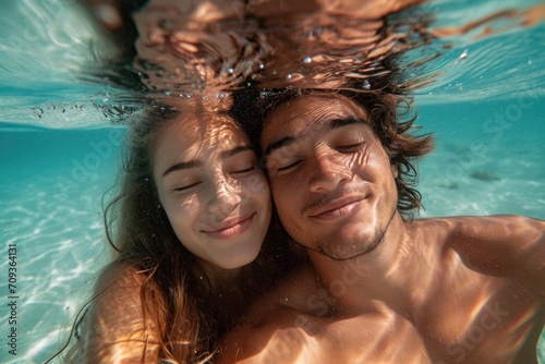 Young couple under the water, enjoying holidays